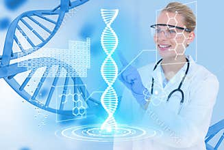 Medical models wearing glasses and white coat against DNA graphics background