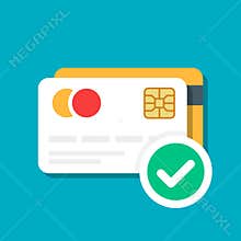 Plastic debit or credit card with a payment approved icon. Bank card. E-commerce. Vector illustration isolated on color