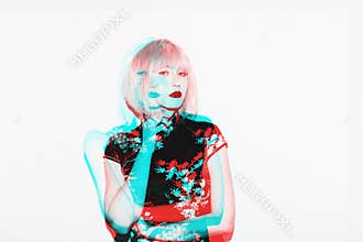 Double exposure asian woman in wig. Beautiful japanese geisha in sakura blossom clothes design.