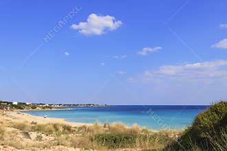Summer seascape,Apulia coast: Marina di Lizzano beach Taranto. In the foreground dunes with lush mediterranean scrub.