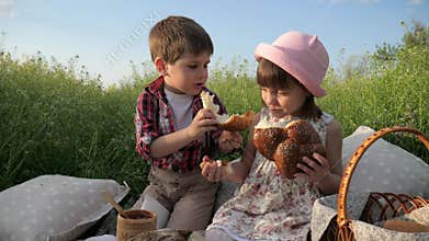 Boy feeds girl with bakery product, Cute little kids sharing bread, Products in picnic baske, Children having fun in