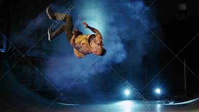 Acrobatic Dance Choreography Performance Free Runner Parkour Back Flip Slow Motion With Colored Smoke Sticks