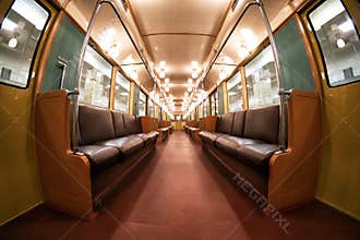 The interior of Moscow`s subway retro train of 1934. June 10, 2017. Moscow. Russia