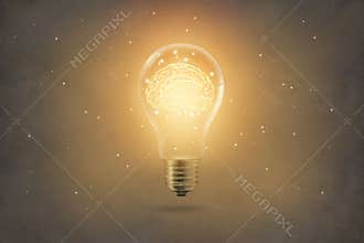 Golden brain glowing inside light bulb on paper texture backgrond