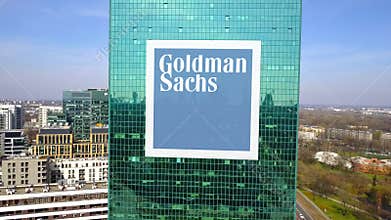 Aerial shot of office skyscraper with The Goldman Sachs Group, Inc. logo. Modern office building. Editorial 3D rendering