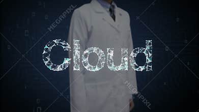 Researcher, Engineer touched Numerous dots gather to create a Cloud typo, cloud computing concept, low-polygon web.