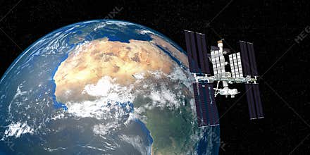 Extremely detailed and realistic high resolution 3D image of ISS International Space Station orbiting Earth shot from outer space.