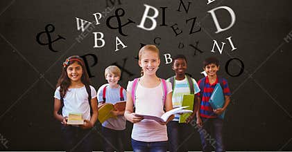 Digitally generated image of children holding books with letters flying against brown background