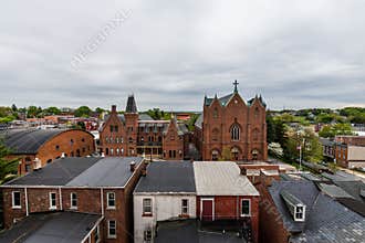 Aerial of historic downtown Lancaster, Pennsylvania with blooming trees