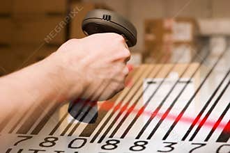 Barcode scanner and label close-up.