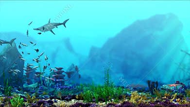 Aquarium underwater scene. Shark swim. Stream of fish. CG 3d rendering.