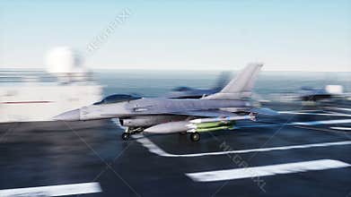 Landing jet f16 on aircraft carrier in ocean. Military and war concept. Realistic 4k animation.