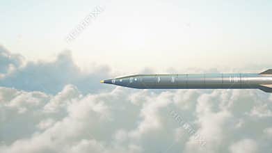 Ballistic nuclear rocket flying over clouds. War and military concept. Realistic 4K animation.
