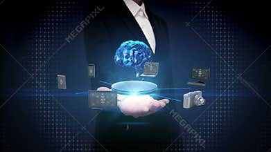 Businesswoman open palm, Devices connecting digital Brain, artificial intelligence. Internet of things.