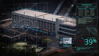 Digital security drone camera scanning technology computer interface lock on industrial construction factory