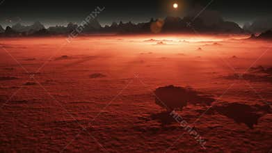 Sunset on Mars. Mars mountains, view from the valley after dust storm
