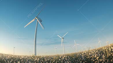 Wind energy turbines landscape among flowers