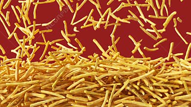 Fried potato chips falling down from above and filling the screen