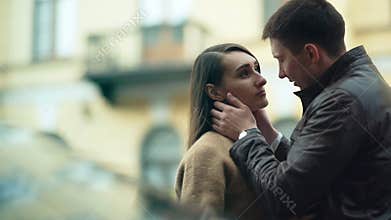 Happy couple embracing in love romantic and fun