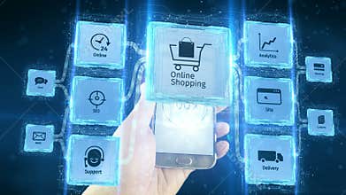 Show online on line shopping commerce business electronic use with mobile devices, scheme concept. Black background.
