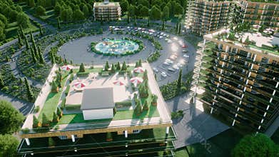 City, town architectural 3d visualization. Aerial view. Realistic 4k animation.