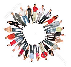 Crowd people circle sun form collage