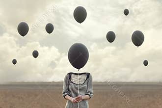 Surreal image of woman and blacks balloons flying