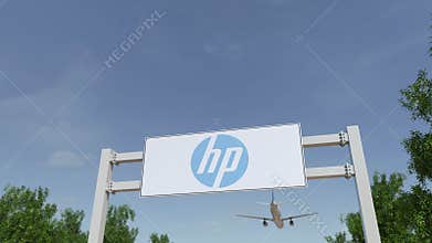 Airplane flying over advertising billboard with HP Inc. logo. Editorial 3D rendering 4K clip