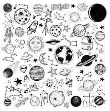 Set of planets icon, hand drawn vector illustration