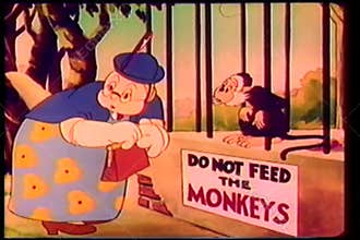 Cartoon of a caged monkey reprimanding woman for feeding him