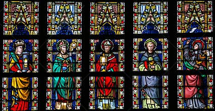 Stained glass window depicting Catholic Saints