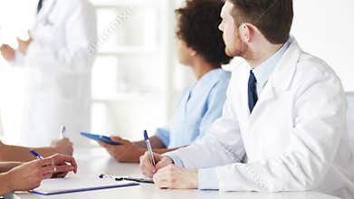 Group of doctors on seminar or lecture at hospital