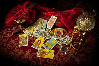 Tarot Cards Spread and scattered on Table Haphazardly