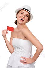 Summer woman showing credit card with copy space