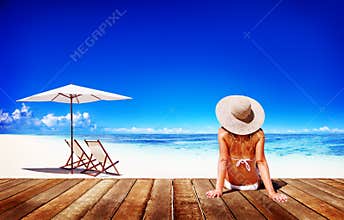 Woman Sunbathe Sunny Summer Beach Relaxing Concept