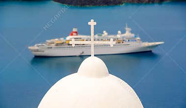 Santorini church cross and cruise ship