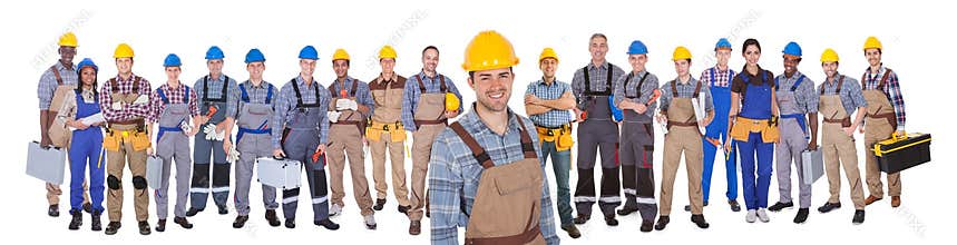 Construction worker with colleagues over white background