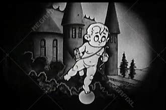 Cartoon of cupid shooting arrow at two birds on branch