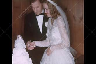 Newlyweds cutting wedding cake