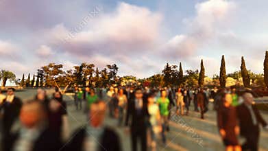 Crowd walking in campus, camera flying