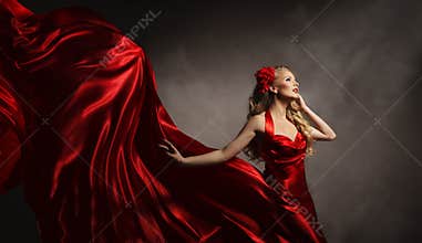 Model in Red Dress, Glamour Woman Posing Flying Silk Cloth