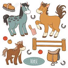 Set of farm animals and objects, vector family horse