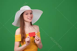 Summer girl ing blank credit card