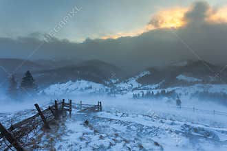Snowstorm. Winter in the mountains