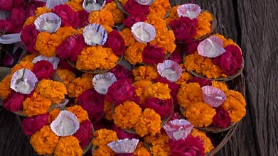 Hinduism sacred puja ritual flowers in Varanasi city, India