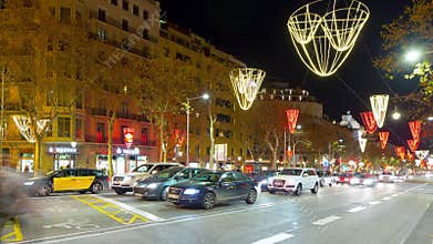 Spain night light holiday traffic barcelona street 4k time lapse
