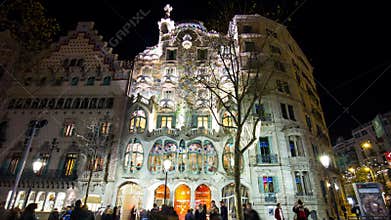 Spain barcelona night light gaudi casa battlo front close up 4k time lapse