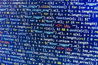 Coding programming source code screen. Colorful abstract data display. Software developer web program script.