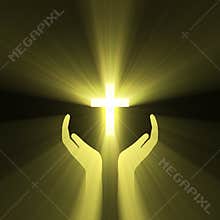 Hand embrace god cross light flare