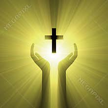 Hand embrace god cross light halo